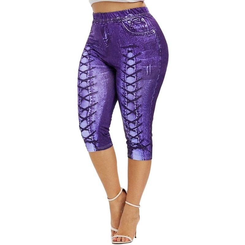 Plus Size Women Short Yoga Jeans Leggings Sexy Faux Denim Ladies Short Pants Summer Floral Printed High Waist Female Shorts