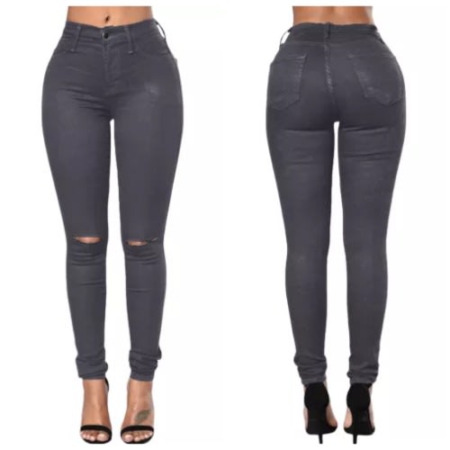 Slit Knee Denim Pants - Grey