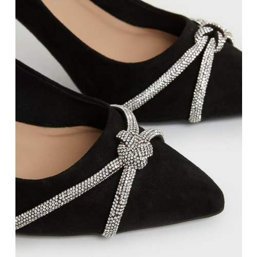 Suedette Diamante Stiletto Heel - Court Shoes - Black