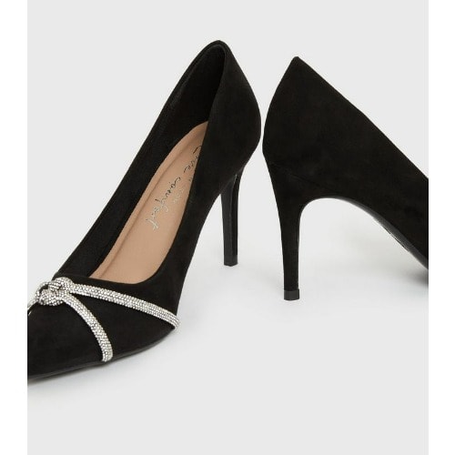 Suedette Diamante Stiletto Heel - Court Shoes - Black