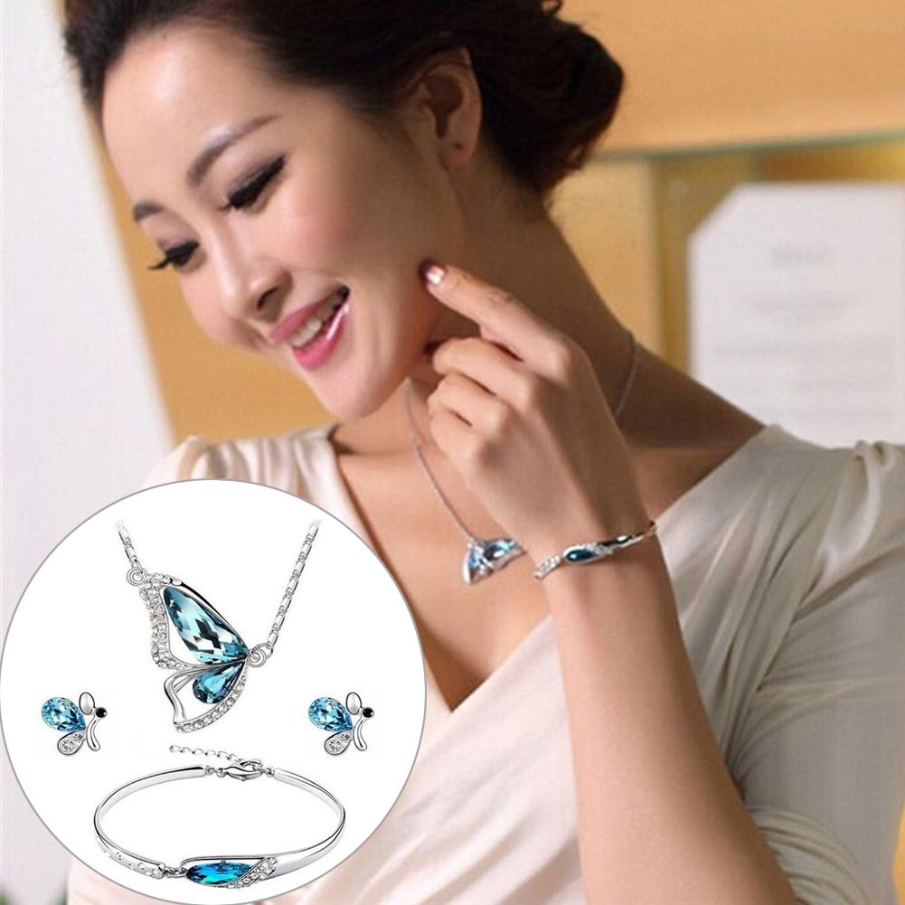 Butterfly Rhinestone Pendant Necklace Stud Earrings-Blue