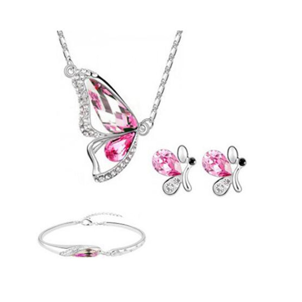 Butterfly Rhinestone Pendant Necklace Stud Earrings-Blue