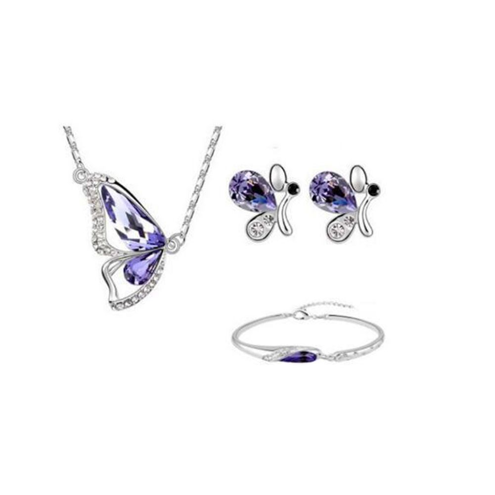 Butterfly Rhinestone Pendant Necklace Stud Earrings-Blue