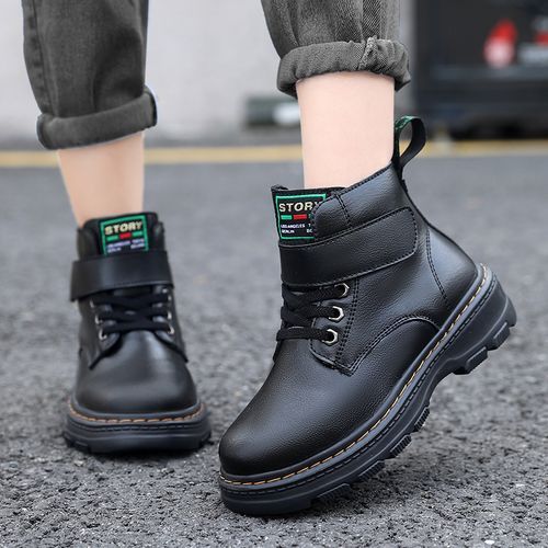 Children's Warm Plush Lining Non-slip Martin Boots Hiking Shoes-Black