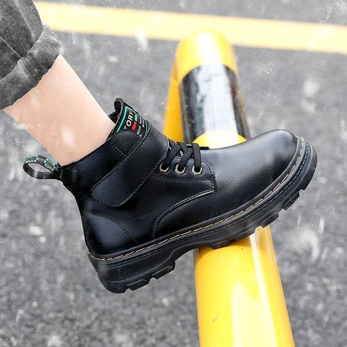 Children's Warm Plush Lining Non-slip Martin Boots Hiking Shoes-Black