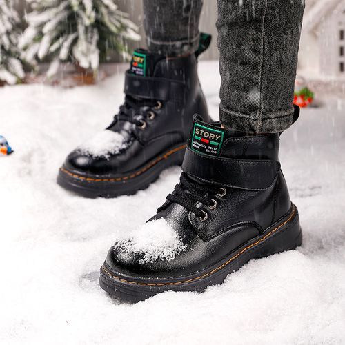 Children's Warm Plush Lining Non-slip Martin Boots Hiking Shoes-Black