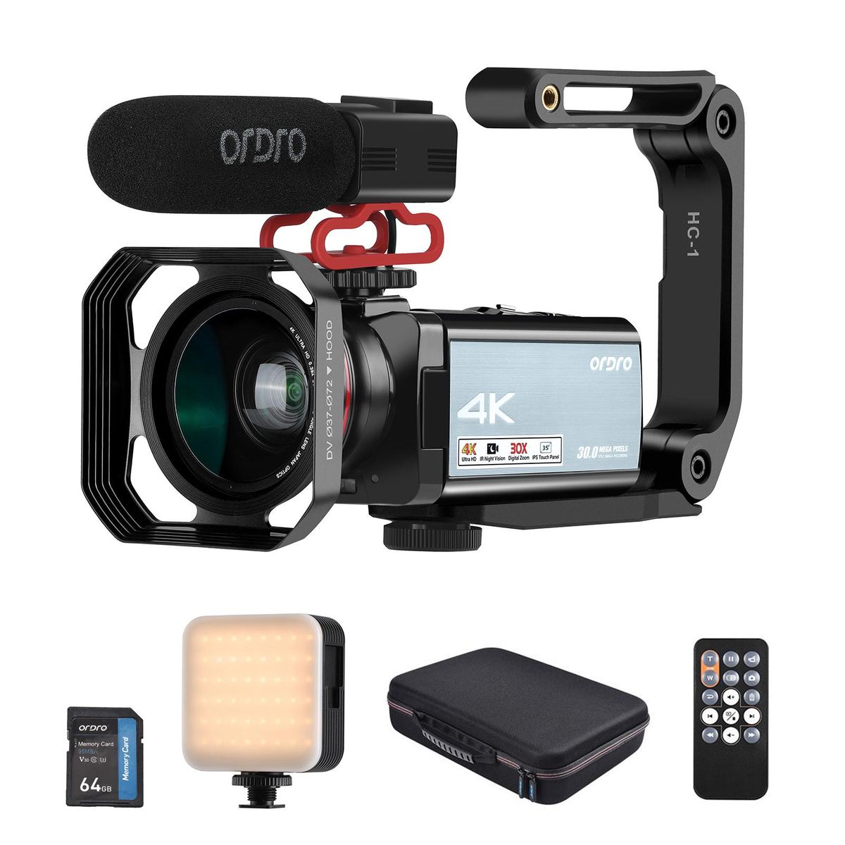 ORDRO HDR-AX10 4K Digital Video Camera WiFi Camcorder DV Recorder 3.5 Inch IPS Touch Panel 30MP 30X Digital Zoom Face Detection IR Night Vision Anti-shake with Remote Control + Battery + Battery Charger + 0.39X Wide Angle Len