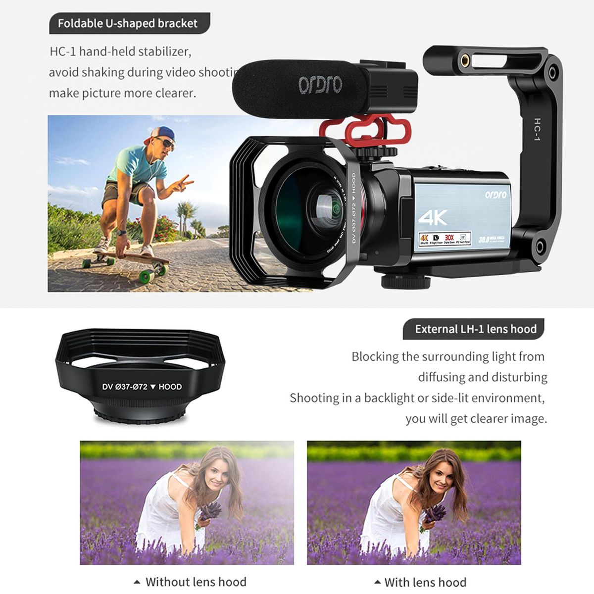 ORDRO HDR-AX10 4K Digital Video Camera WiFi Camcorder DV Recorder 3.5 Inch IPS Touch Panel 30MP 30X Digital Zoom Face Detection IR Night Vision Anti-shake with Remote Control + Battery + Battery Charger + 0.39X Wide Angle Len