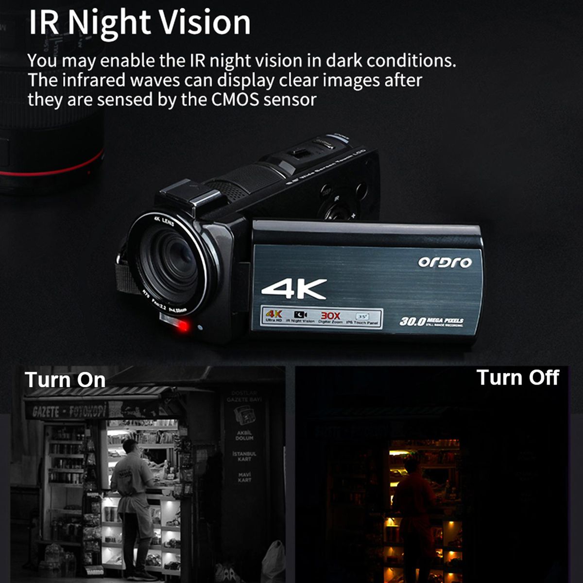 ORDRO HDR-AX10 4K Digital Video Camera WiFi Camcorder DV Recorder 3.5 Inch IPS Touch Panel 30MP 30X Digital Zoom Face Detection IR Night Vision Anti-shake with Remote Control + Battery + Battery Charger + 0.39X Wide Angle Len