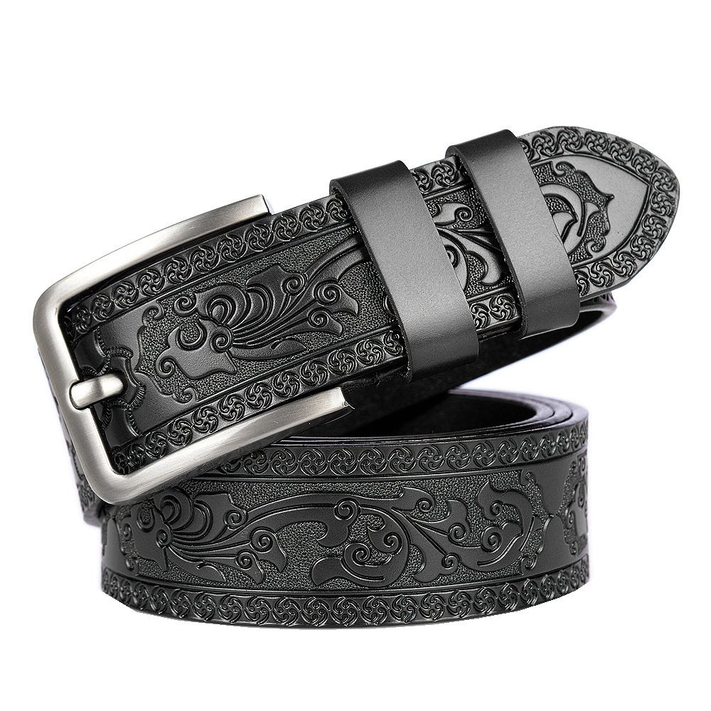 Men Western Embossed Vintage Pin Buckle Genuine Leather Belt