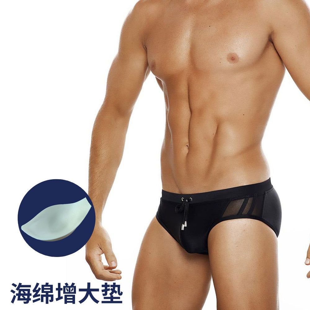 Summer Men's Swimwear Sexy Mesh Side Bikini Swimming Pool Briefs With/Without Sponge Pad Low Waist Solid Patchwork Bequine With Sponge Pad