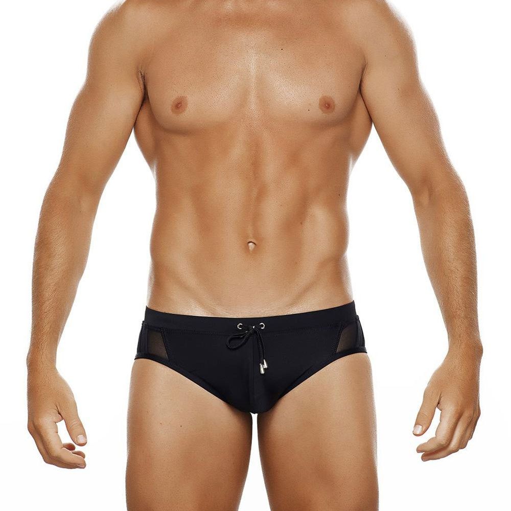 Summer Men's Swimwear Sexy Mesh Side Bikini Swimming Pool Briefs With/Without Sponge Pad Low Waist Solid Patchwork Bequine With Sponge Pad