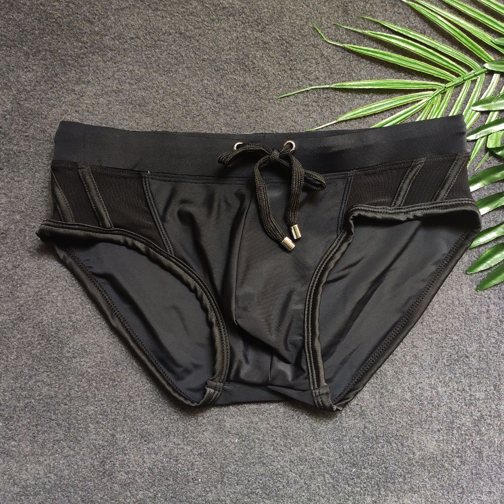 Summer Men's Swimwear Sexy Mesh Side Bikini Swimming Pool Briefs With/Without Sponge Pad Low Waist Solid Patchwork Bequine With Sponge Pad