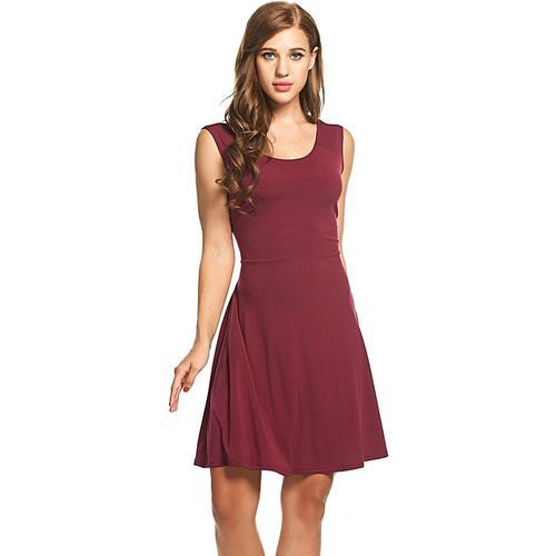 New Women Sexy O-Neck Sleeveless Solid Elastic Backless Pleated Pullover Tank Dress-Wine Red