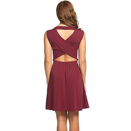 New Women Sexy O-Neck Sleeveless Solid Elastic Backless Pleated Pullover Tank Dress-Wine Red