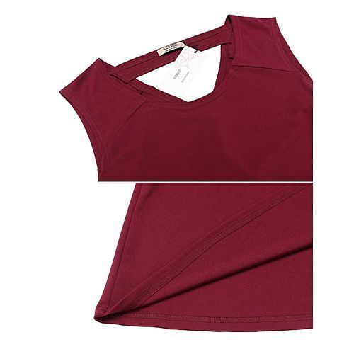 New Women Sexy O-Neck Sleeveless Solid Elastic Backless Pleated Pullover Tank Dress-Wine Red