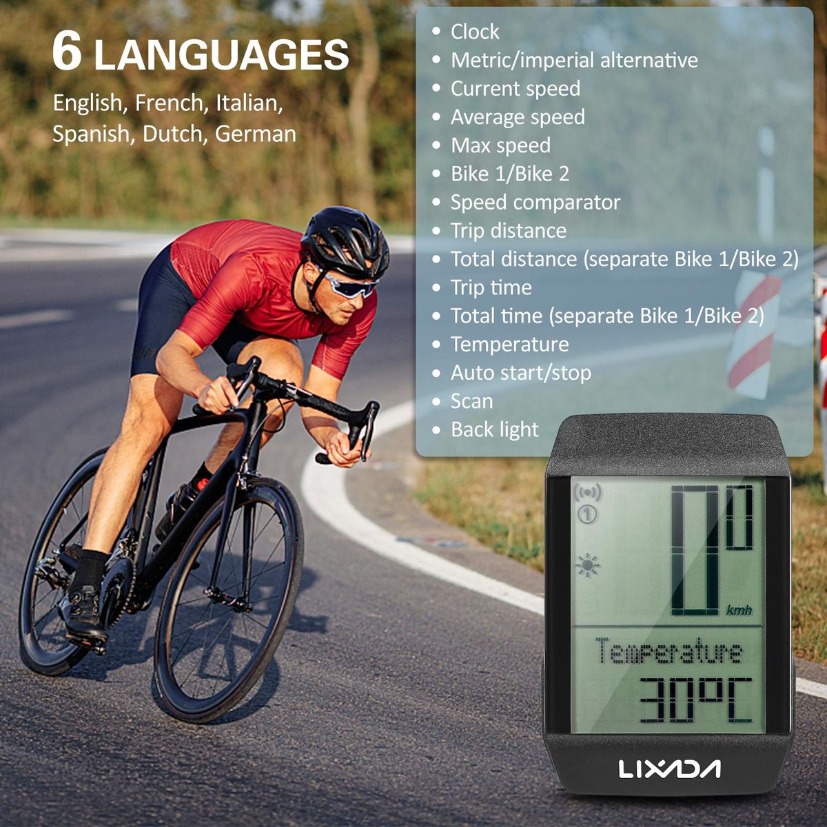 Lixada Wireless Bike Cycling Computer Waterproof Bicycle Speedometer Odometer with 6 Languages LED Backlight