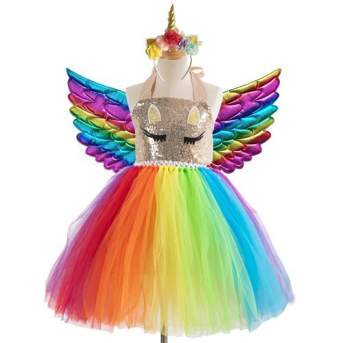 Girls Princess Dress [cartoon Unicorn*rainbow Sequins*free Wings Headdress]-702