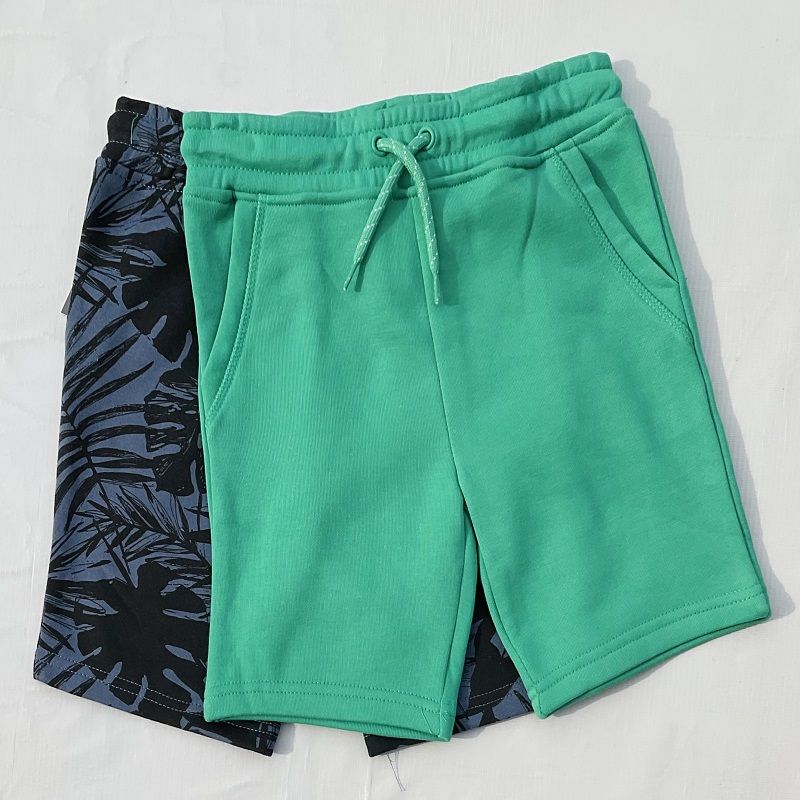 Boys Plain & Olive Patterned Shorts -2 Pieces