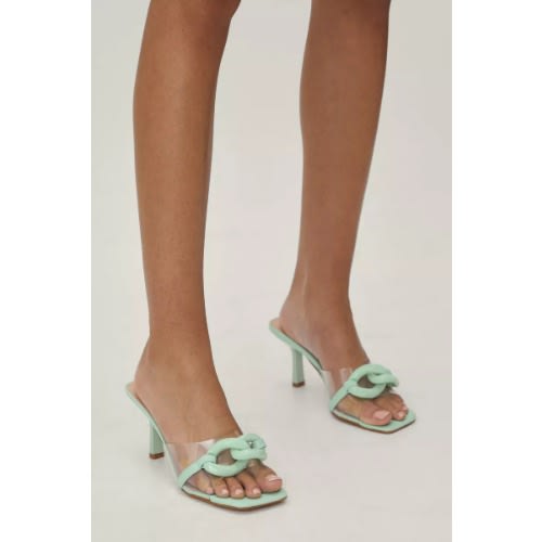 Faux Leather Clear Chain Front Detail Mules - Green
