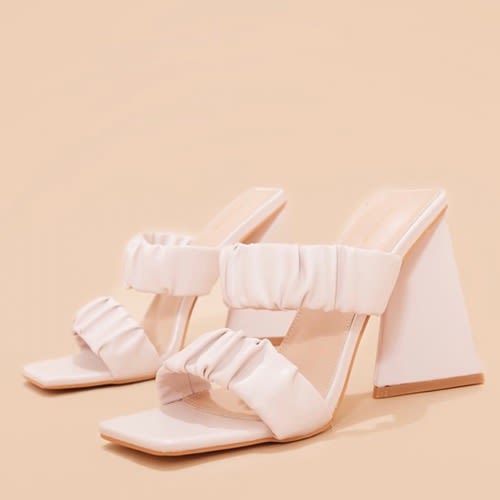 Cream Square Toe Ruched Strap Triangle High Heel