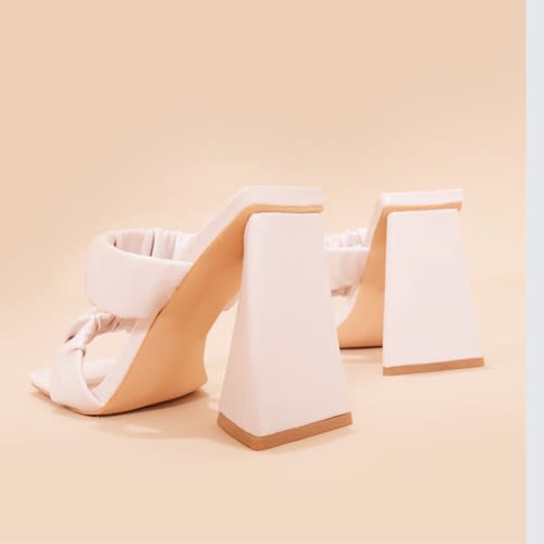 Cream Square Toe Ruched Strap Triangle High Heel