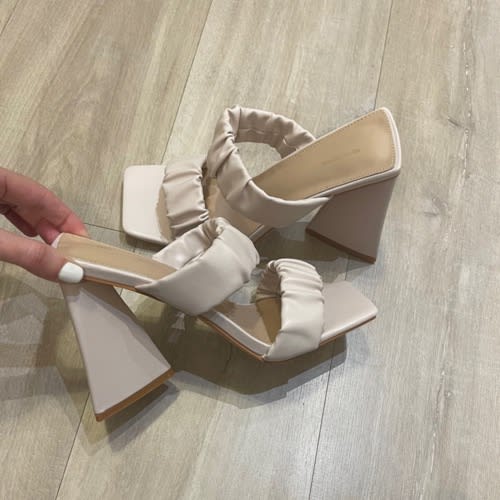 Cream Square Toe Ruched Strap Triangle High Heel