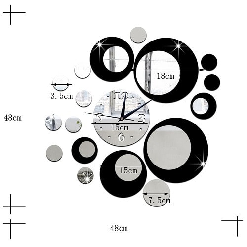 Acrylic 3 Dimensional Mirror Sticker Wall Clock - 48*48cm - Black