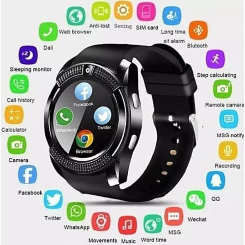 V8 Smart Watches With Camera & Sim Card Slot - Black