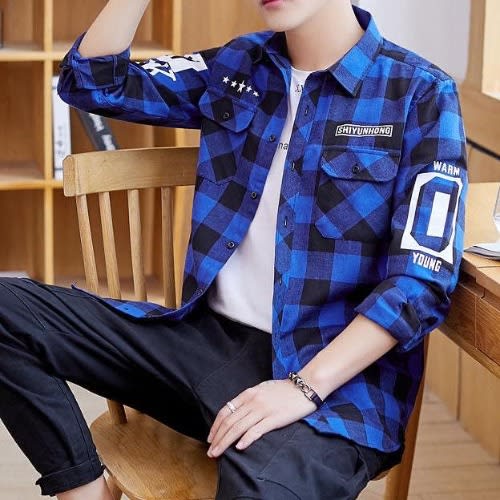 Men Shirt Garfield Plaid Long Sleeve Check Flannel- Blue