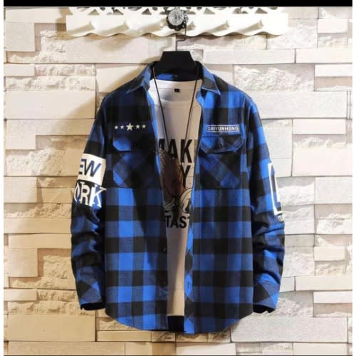 Men Shirt Garfield Plaid Long Sleeve Check Flannel- Blue