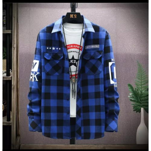 Men Shirt Garfield Plaid Long Sleeve Check Flannel- Blue