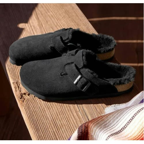 Realwon Classic Black Leather Suede Stock Slippers