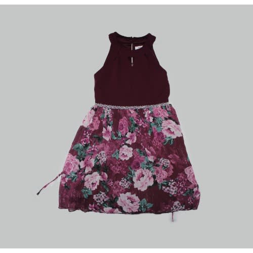 Burgundy flowered Stoned Waist Party Dress