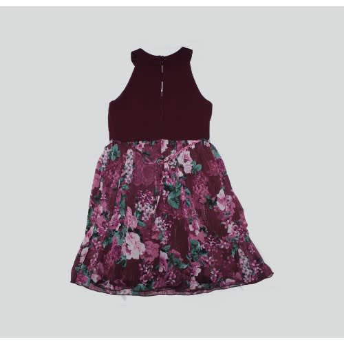 Burgundy flowered Stoned Waist Party Dress