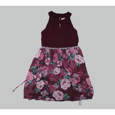 Burgundy flowered Stoned Waist Party Dress
