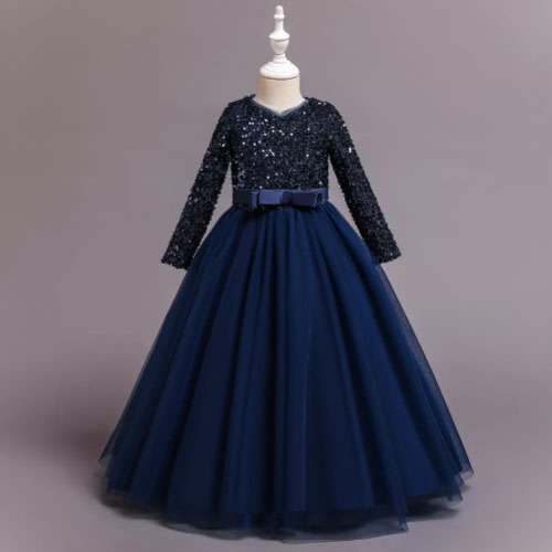 Girl Shimmer Up Longsleeve Gown - Navy Blue