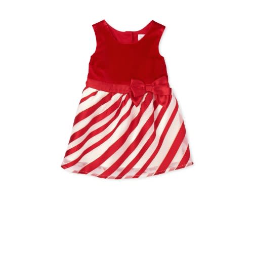 Girls Bow Striped Velour Organza Dress- Red