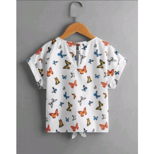 Girls Butterfly Print Cuffed Sleeve Knot Hem Top- Multicolour