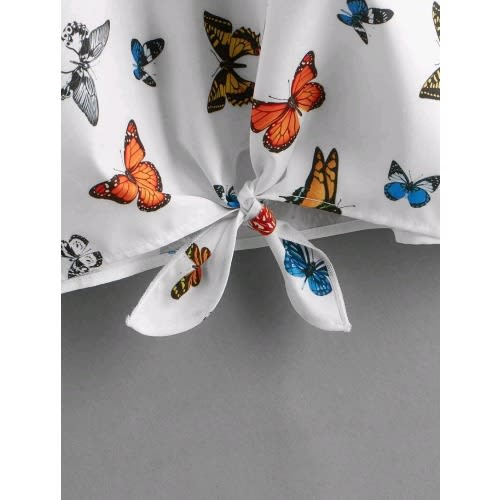 Girls Butterfly Print Cuffed Sleeve Knot Hem Top- Multicolour