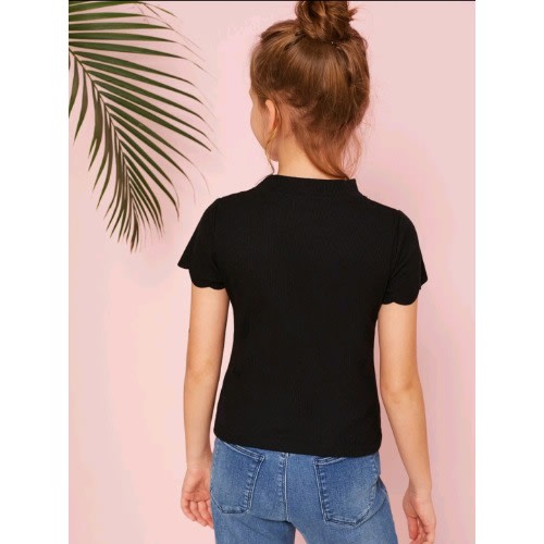 Girls Scalloped Choker Neck Ribbed Top - Black