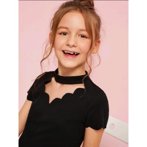 Girls Scalloped Choker Neck Ribbed Top - Black