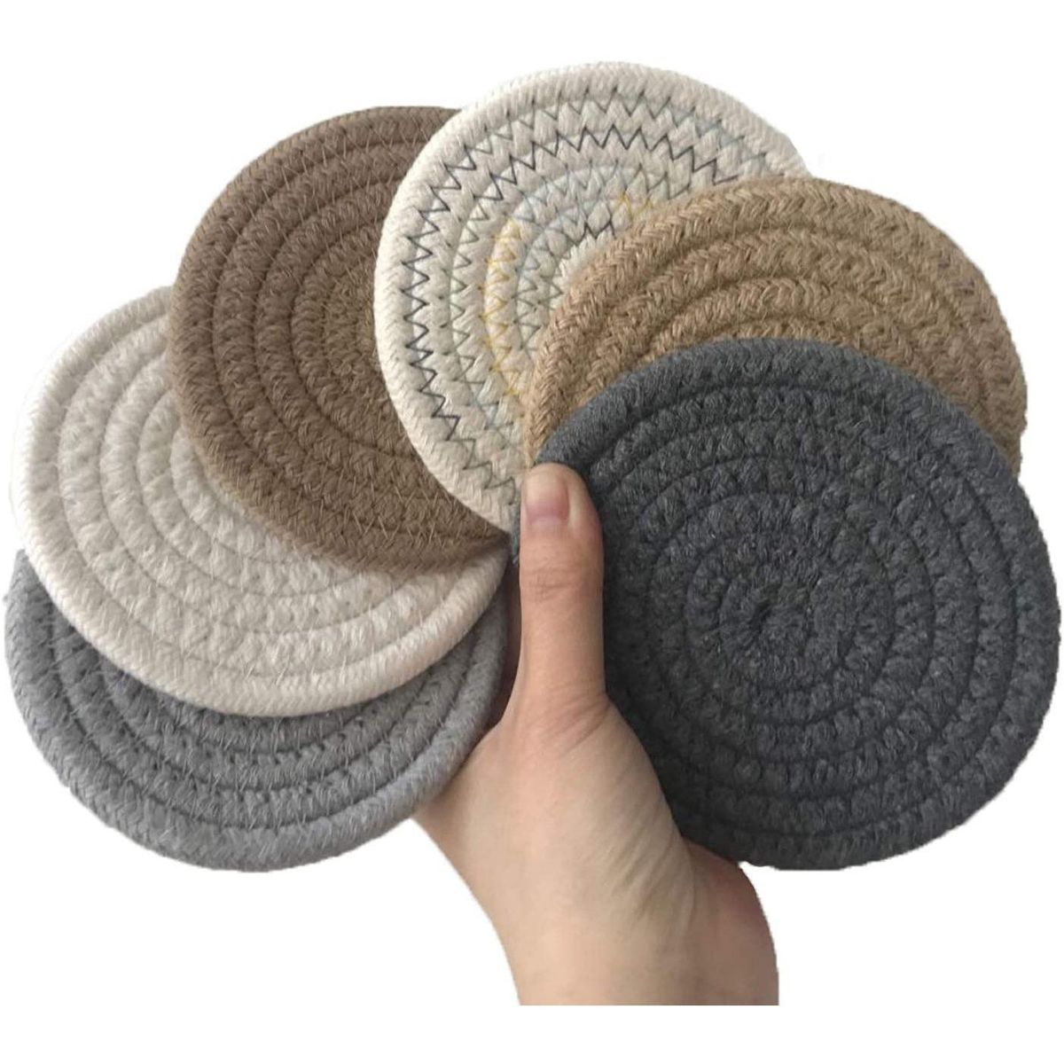 Pot Mat Trivets Set of 6 Hot Pot Holder Cotton Woven Coasters Round Placemats Heat Resistant Cup Mat Spoon Rest(4.3Inch)