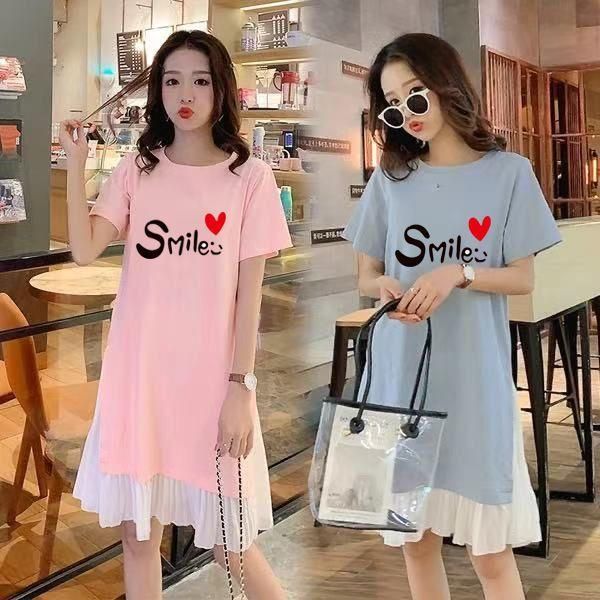 Large Size Short-Sleeved Dress Women's Summer Korean-Style Mid-Length Oversized Girls' Top Slimming Loose Women's T-shirt A- line Skirt