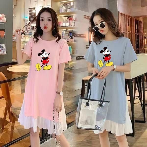 Large Size Short-Sleeved Dress Women's Summer Korean-Style Mid-Length Oversized Girls' Top Slimming Loose Women's T-shirt A- line Skirt
