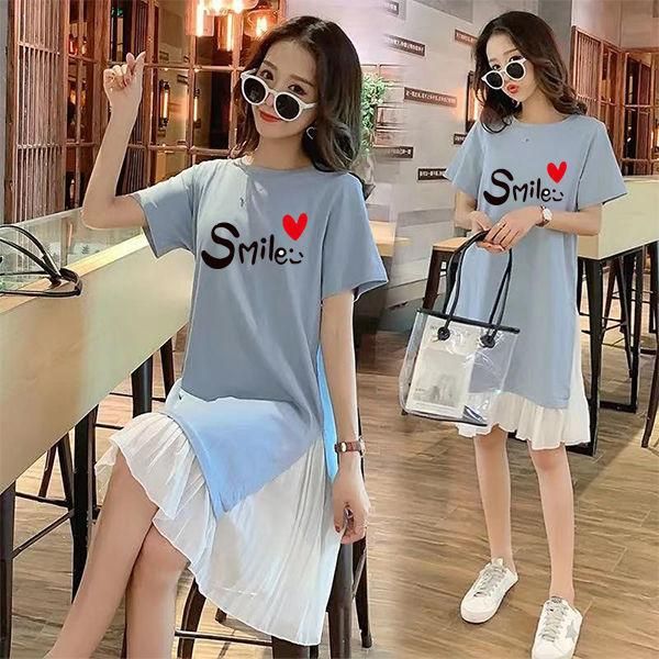 Large Size Short-Sleeved Dress Women's Summer Korean-Style Mid-Length Oversized Girls' Top Slimming Loose Women's T-shirt A- line Skirt