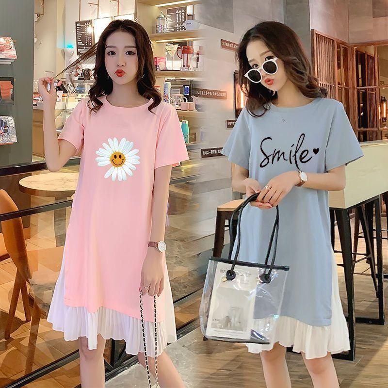 Large Size Short-Sleeved Dress Women's Summer Korean-Style Mid-Length Oversized Girls' Top Slimming Loose Women's T-shirt A- line Skirt
