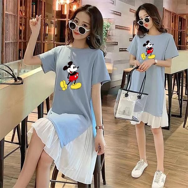 Large Size Short-Sleeved Dress Women's Summer Korean-Style Mid-Length Oversized Girls' Top Slimming Loose Women's T-shirt A- line Skirt