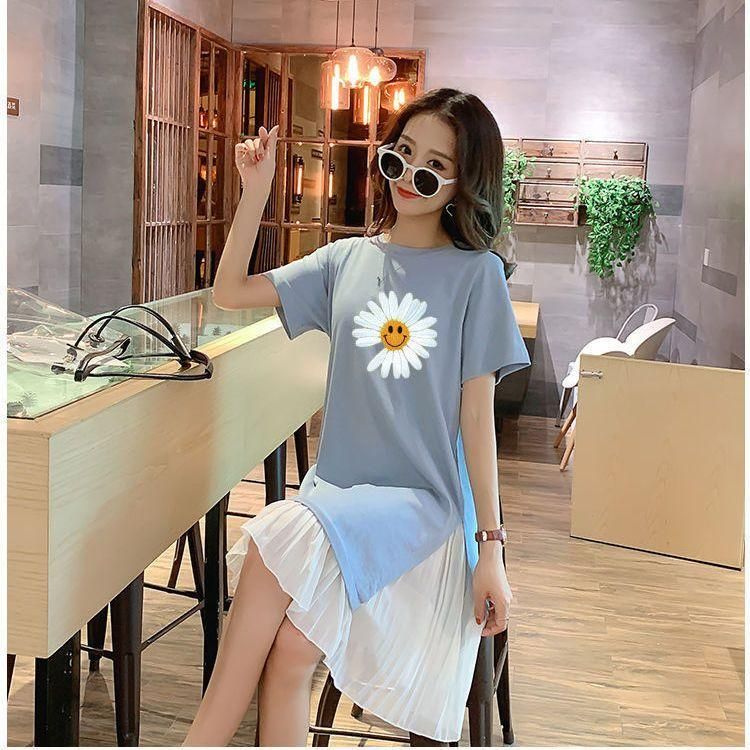 Large Size Short-Sleeved Dress Women's Summer Korean-Style Mid-Length Oversized Girls' Top Slimming Loose Women's T-shirt A- line Skirt