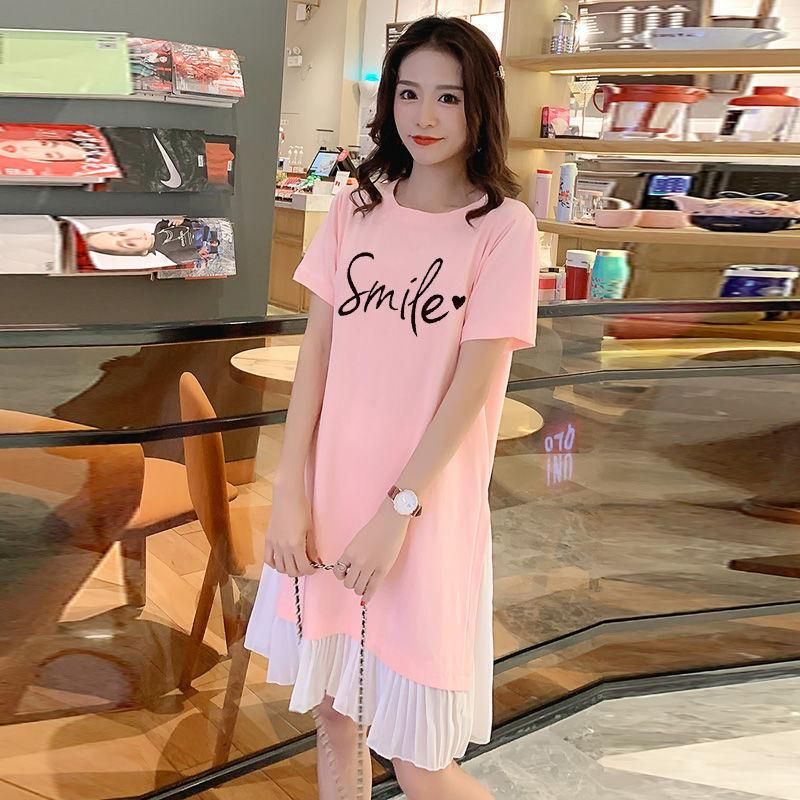 Large Size Short-Sleeved Dress Women's Summer Korean-Style Mid-Length Oversized Girls' Top Slimming Loose Women's T-shirt A- line Skirt